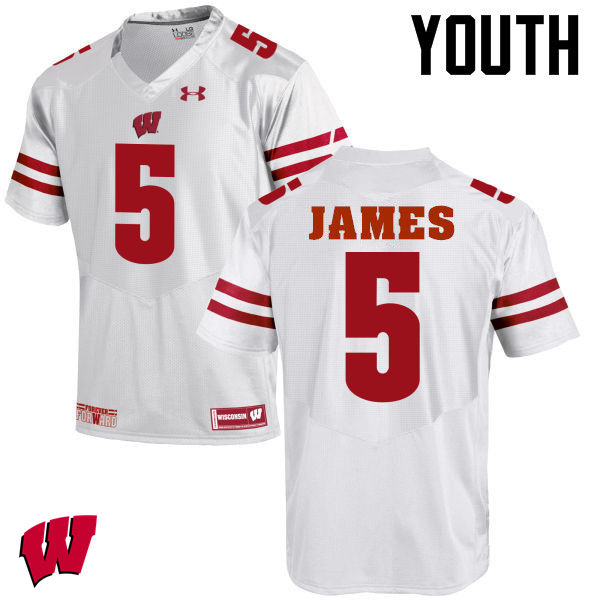 Youth Wisconsin Badgers #5 Chris James College Football Jerseys-White - Click Image to Close